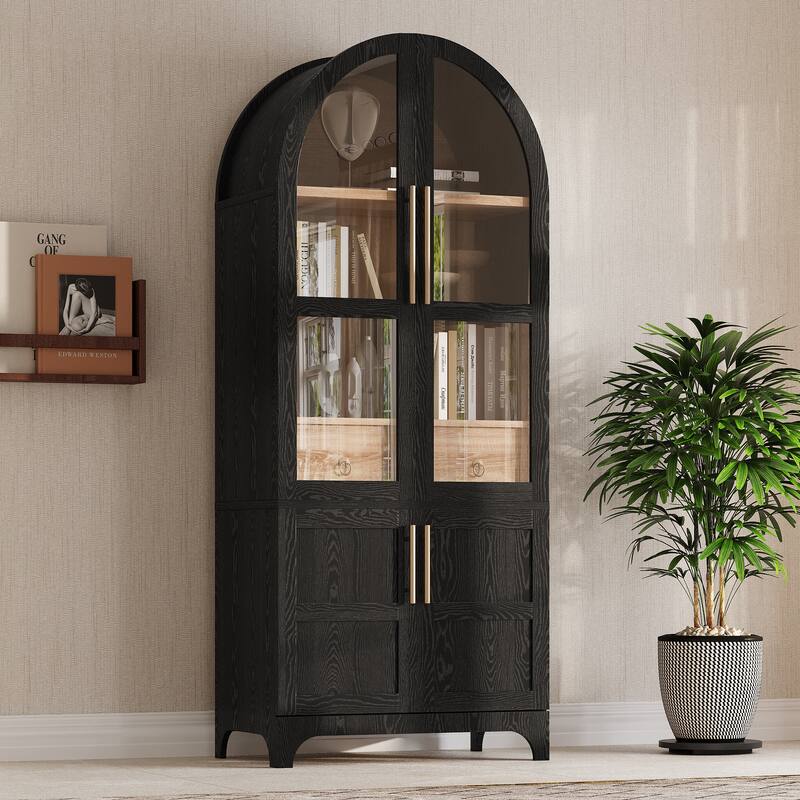 Farmhouse Arched Pantry Cabinet - 71" Tall Kitchen Storage with Adjustable Shelves, Glass Door & Hidden Drawer