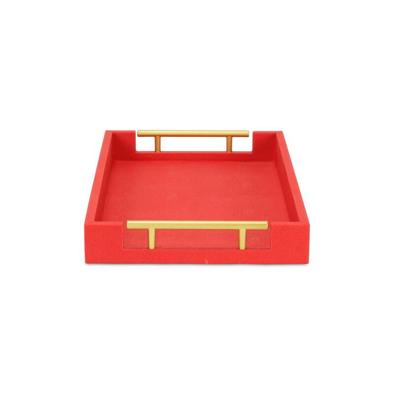 HomeRoots 16" Red Wood and Vinyl Faux Shagreen Handmade Serving Tray With Handles