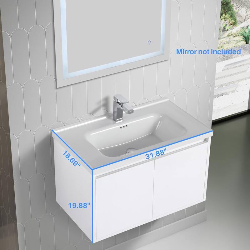 Blossom 32" Floating Bathroom Vanity with Ceramic Sink & Storage
