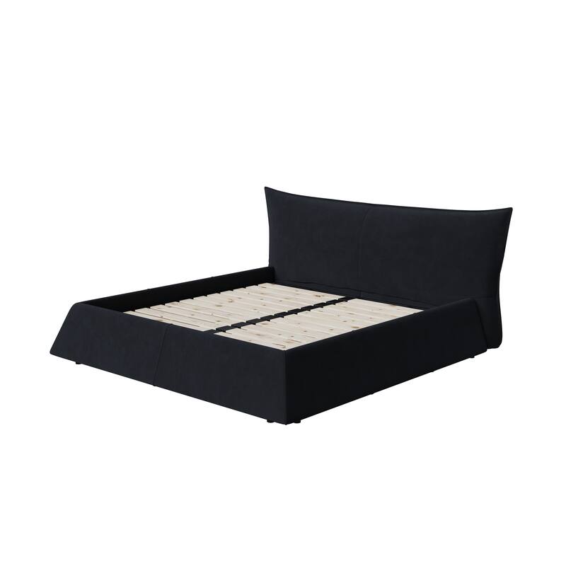 GDFStudio - Queen Size Velvet Upholstered Platform Bed with Special Shaped Headboard