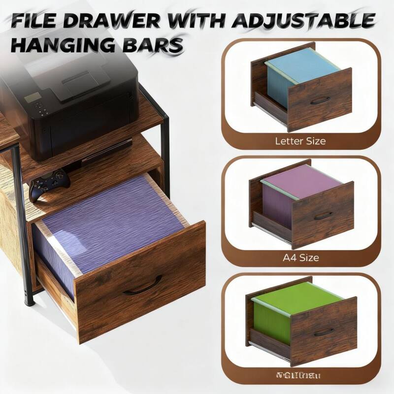 Computer Desk with Power Outlets and LED Lights, Office Desk with File Cabinet Fabric Drawers and Monitor Stand