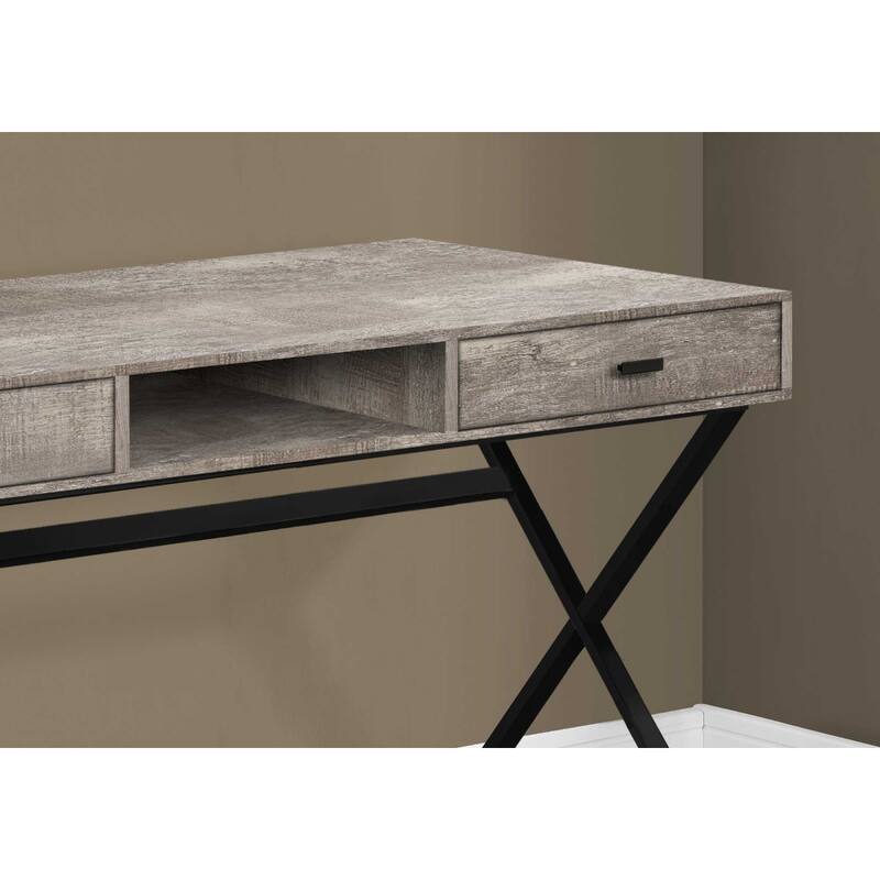 Taupe Wood Computer Desk with 2 Drawers and Black Metal Base