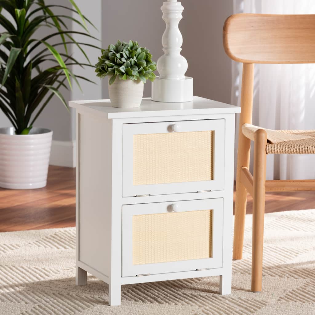 Baxton Studio Sariah Mid-Century Modern White Finished Wood and Rattan 2-Door End Table
