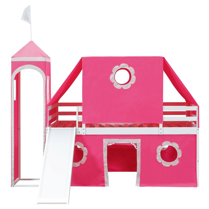 Pink Twin Loft Bed with Slide, Tent, and Tower for Kids