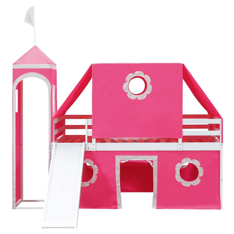 Playhouse Low Loft Bed with Slide, Pink Tent and Tower, Solid Pinewood Floor Bunk Bed Frame, Wooden Slats Support