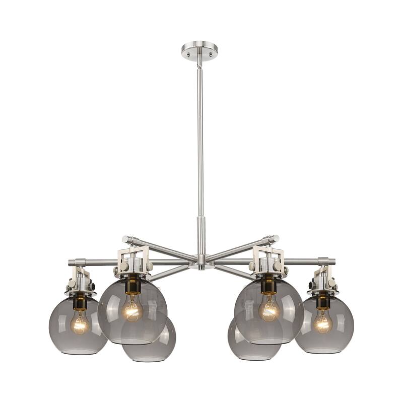 Innovations Lighting Downtown Urban - Newton Sphere - 6 Light 26" Stem Hung Chandelier - Satin Nickel/Light Smoke