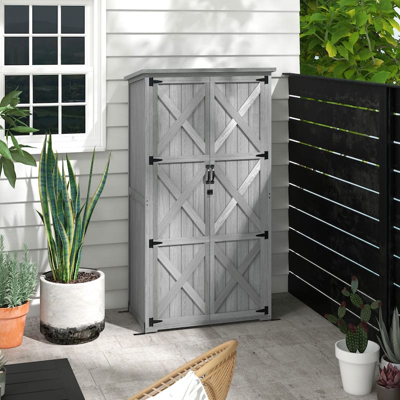 Outsunny Wooden Garden Shed, Outdoor Storage Cabinet with Waterproof Asphalt Roof, Narrow Tool Shed with Shelves - Grey