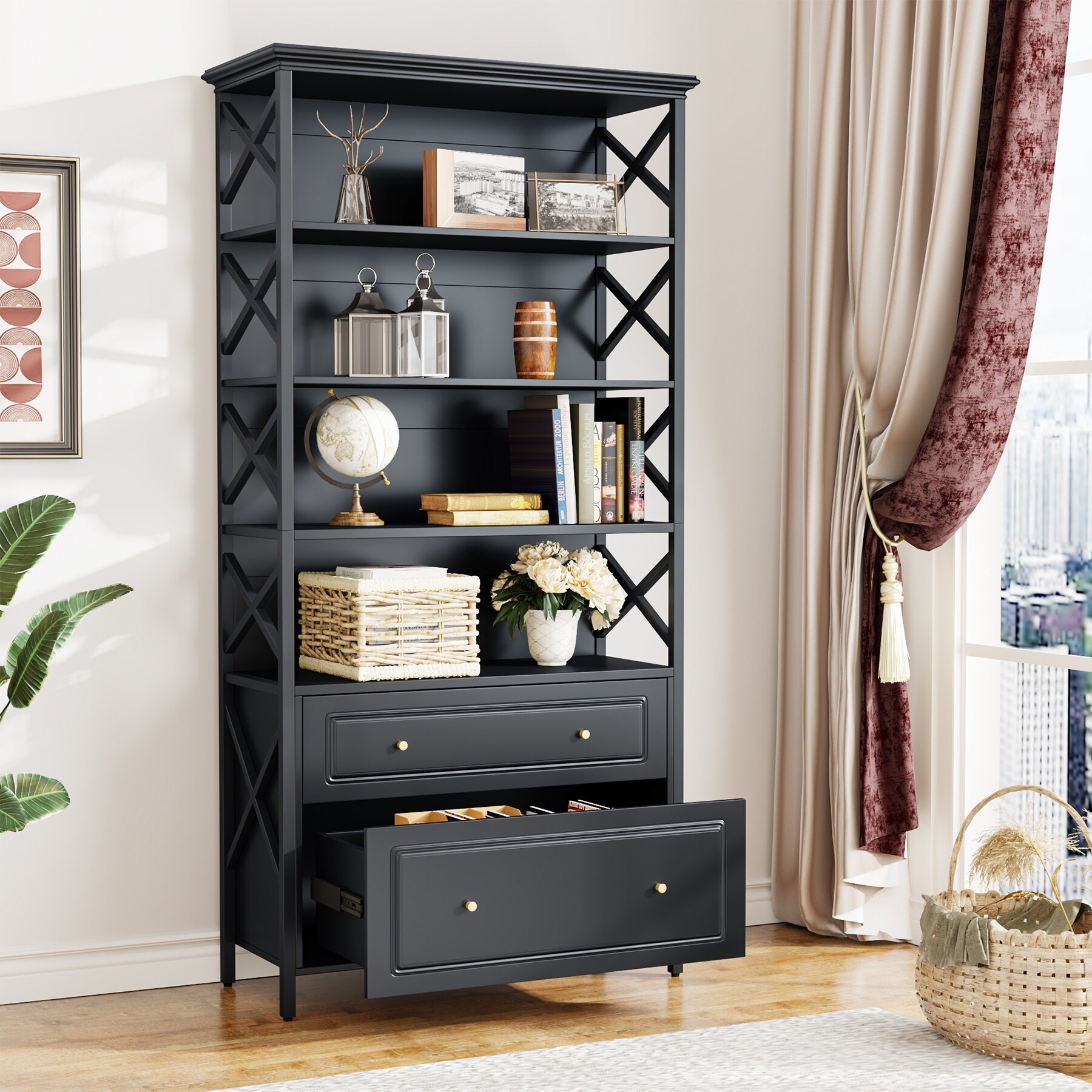 Tall Bookshelf with Open Sotage Shelves & 2 File Drawers - Bed
