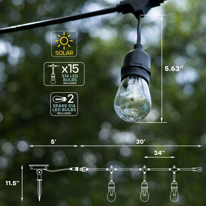Luxrite 35FT RGBW LED Outdoor Solar String Lights, Remote Control, Commercial Grade, 15 S14 Shatterproof Bulbs, IP65 - 35 FT