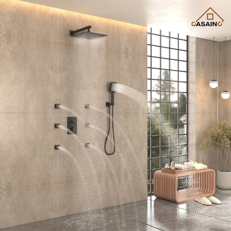 Wall Mount 12 Inch Rainfall Shower Head 3 Function Thermostatic Shower System with 6 Body Jets