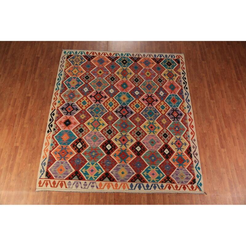 Geometric Kilim Oriental Area Rug Hand-Woven Multi-Color Wool Carpet - 8'9"x 9'7"
