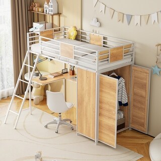Modern Style Twin Size Loft bed with L-shape Desk and Wardrobe, Ladder