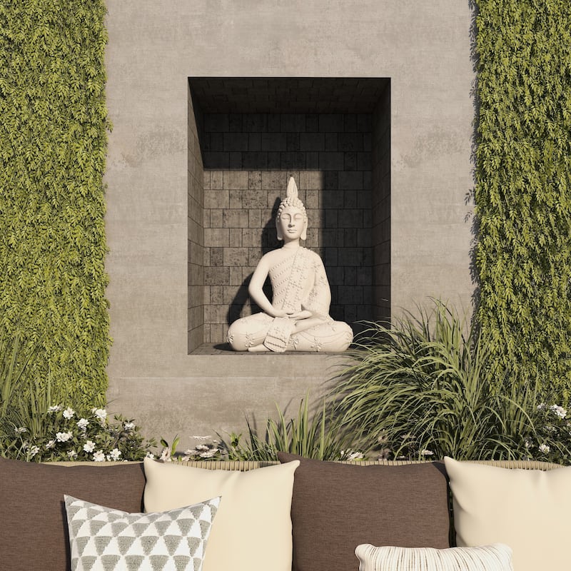 Magnesium Oxide Buddha Indoor Outdoor Meditating Garden Sculpture with Floral Carvings - Gray - Roche River Decor