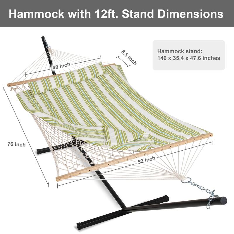 Rope Hammock with Detachable Pillow and Pad, 12FT Steel Stand Included