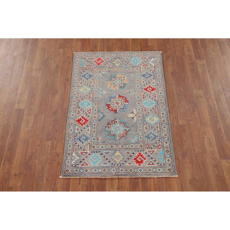 All-Over Gray Kazak Oriental Foyer Rug Hand-Knotted Wool Carpet - 2'8" x 4'1"