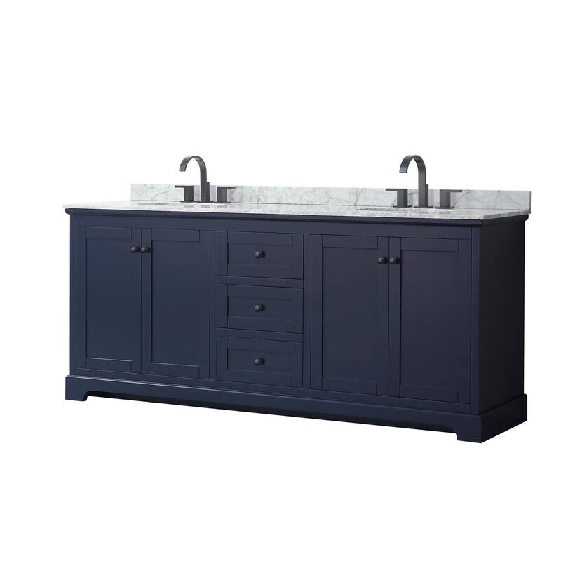 Wyndham Collection Avery 80" Free Standing Double Basin Vanity Set - Dark Blue / White Carrara Marble Top / Matte Black - Painted