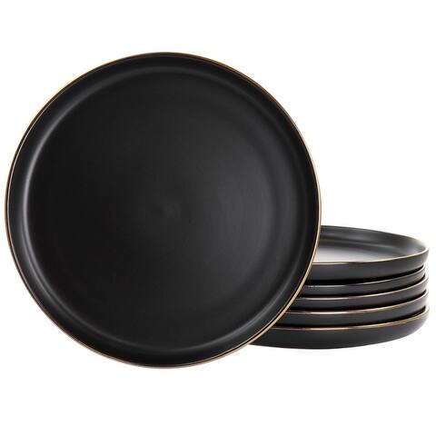 Elama Paul 6 Piece Stoneware Dinner Plate Set in Matte Black with Gold Rim - 10.75 Inches