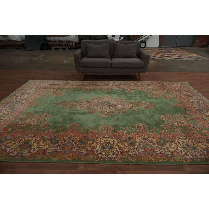 Hand Knotted Oriental 100% Wool Carpet Traditional Floral Green Kerman Area Rug - 11' 9'' X 8' 6''