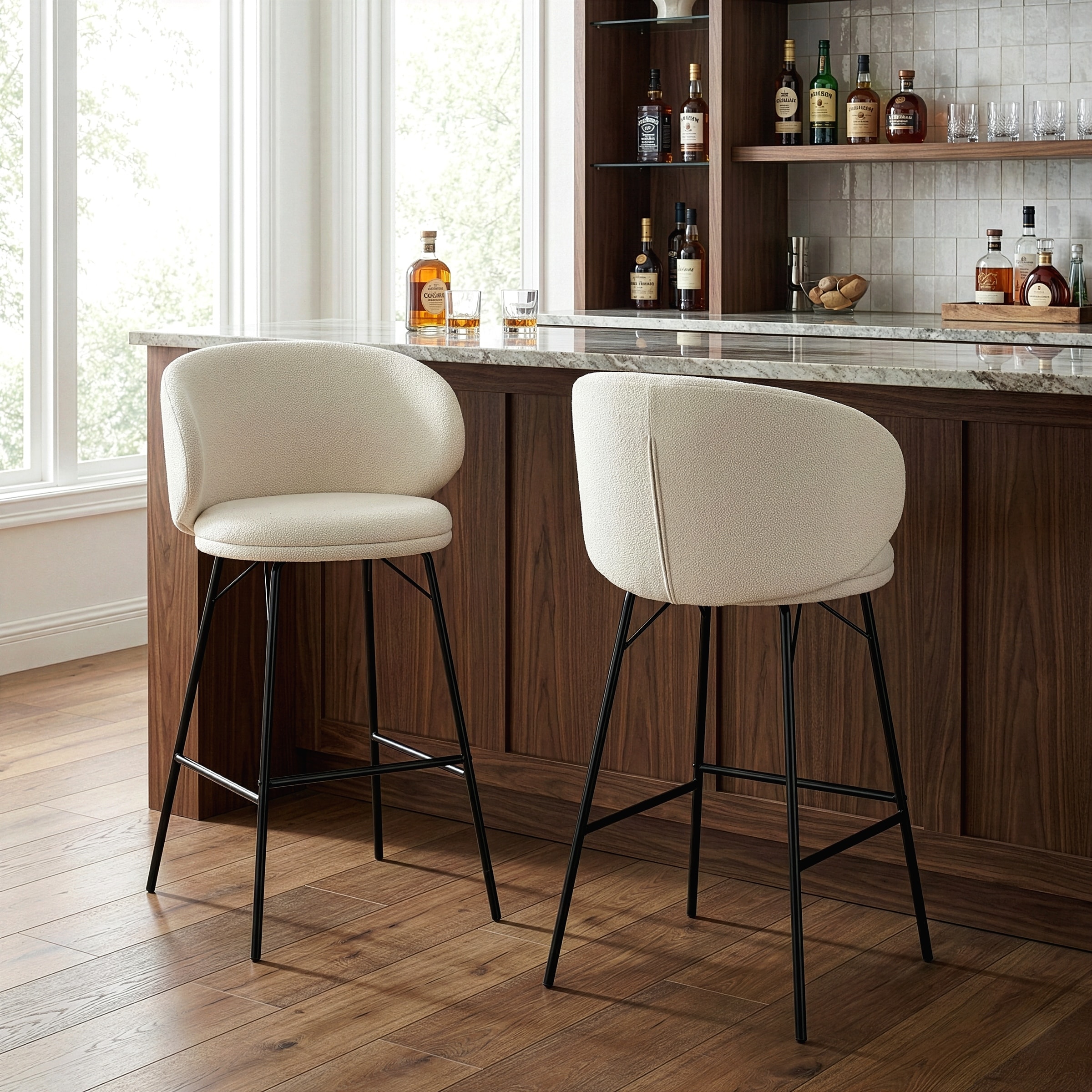 Set of 2 Baxter White Boucle Fabric Bar Stool with Black Iron Legs