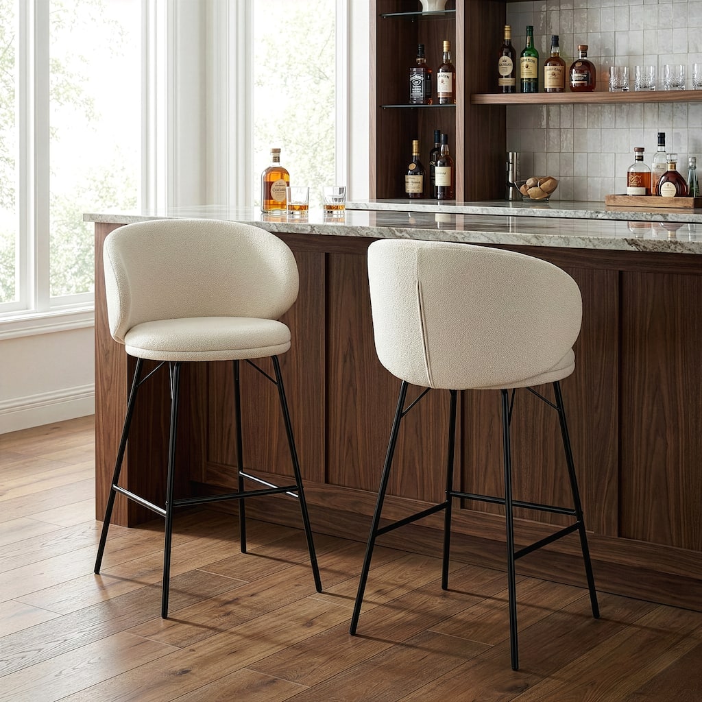 Set of 2 Baxter White Boucle Fabric Bar Stool with Black Iron Legs