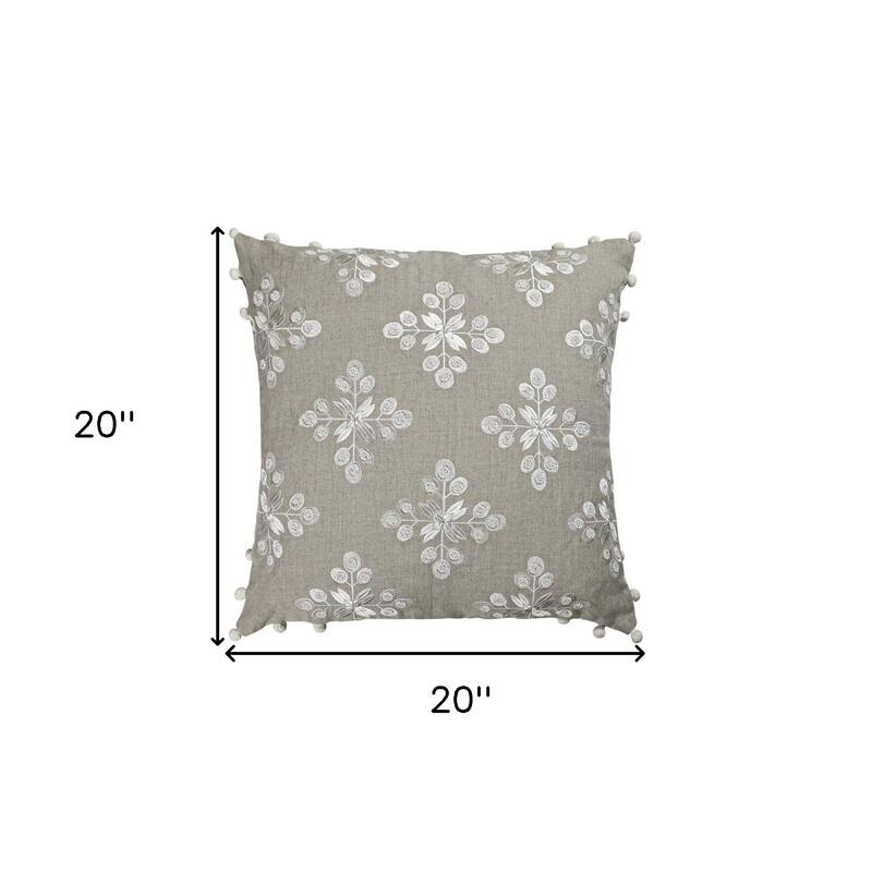 20" Beige and Ivory Throw Pillow with Embroidery