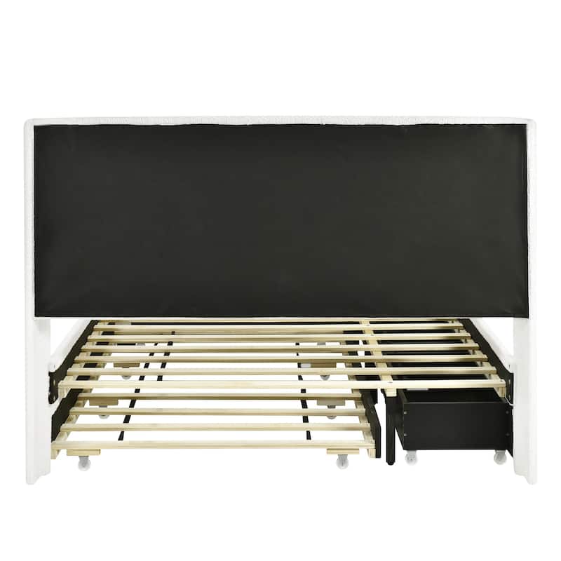 HomeRoots White Tufted Boucle Lighted Full Bed Frame With Trundle And USB And Drawers