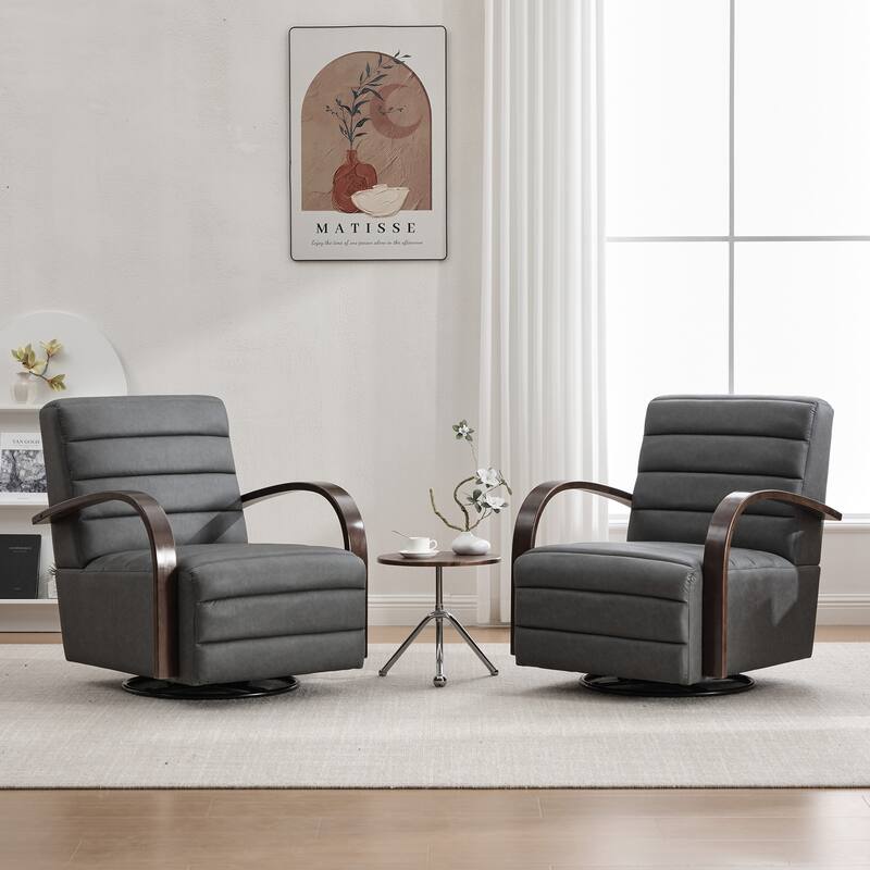30.3"W Upholstered Swivel Accent Chair with Solid Wood Armrests, Channel Tufted Lounge Chair Single Reading Sofa Chair