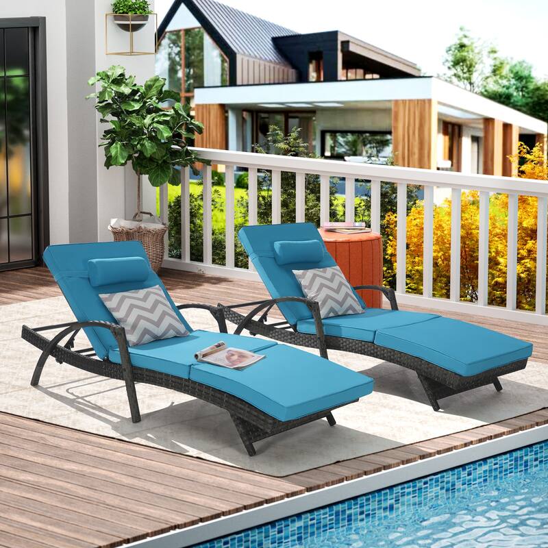 Outdoor Wicker Long Reclining Chair Set of 2, Wicker Reclining Lounge Chair Lawn Sunbathing Chairs for Beach Poolside Garden