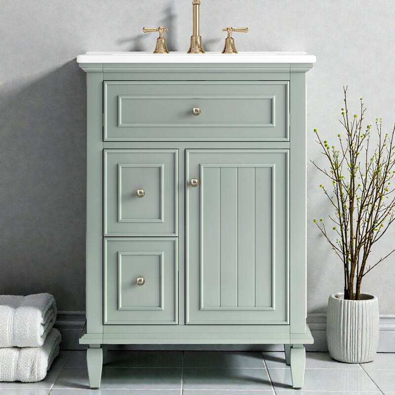 24" Bathroom Vanity with Sink, Flip Drawer & 2 Drawers, Solid Wood Frame, Adjustable Shelf, Ceramic Top - Green