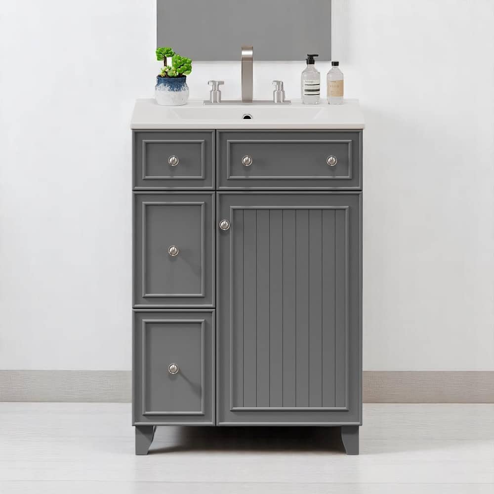 24" Bathroom Vanity with Ceramic Sink, 2 Drawers, Soft-Close Door, Freestanding Cabinet for Small Spaces, MDF and Wood
