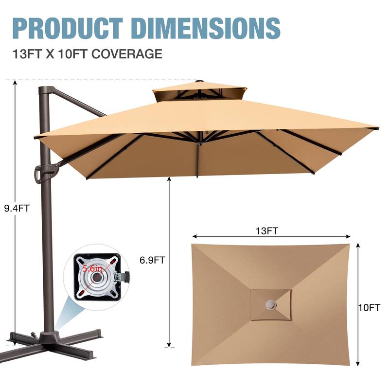 VredHom 10x13FT Outdoor Patio Offset Umbrella 360 Degree Rotation without Base