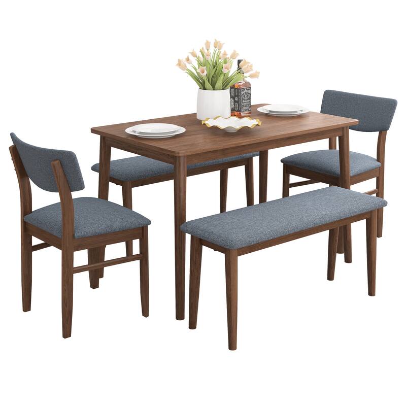Modern Dining Table Set with 2 Benches and 2 Chairs Fabric Cushion for