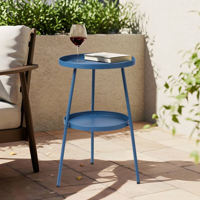 2 Tier Round Patio Small Side Table, Metal Coffee Table for Indoor Outdoor