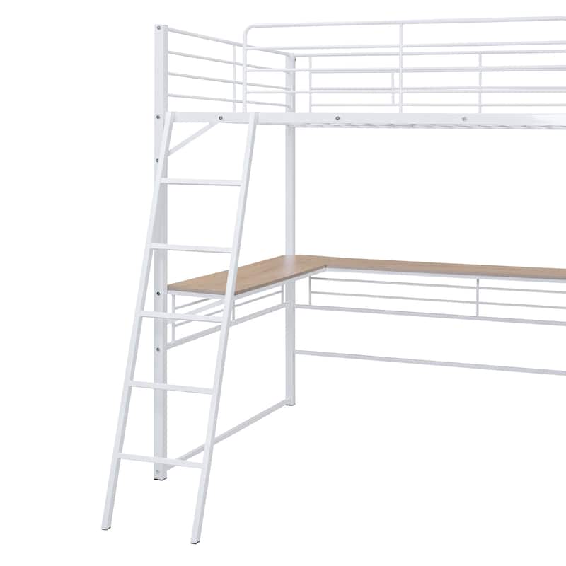 Metal Loft Bed with 3 Layers of Shelves and L-shaped Desk