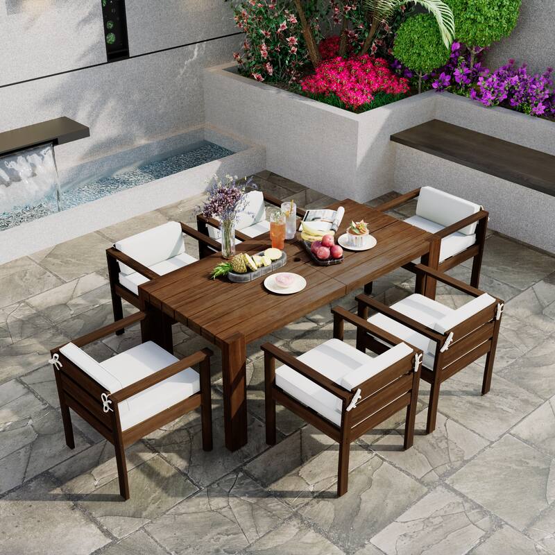 7-Piece Patio Dining Set, All Weather Acacia Wood Outdoor Dining Table and Chairs Set with Umbrella Hole and Removable Cushions