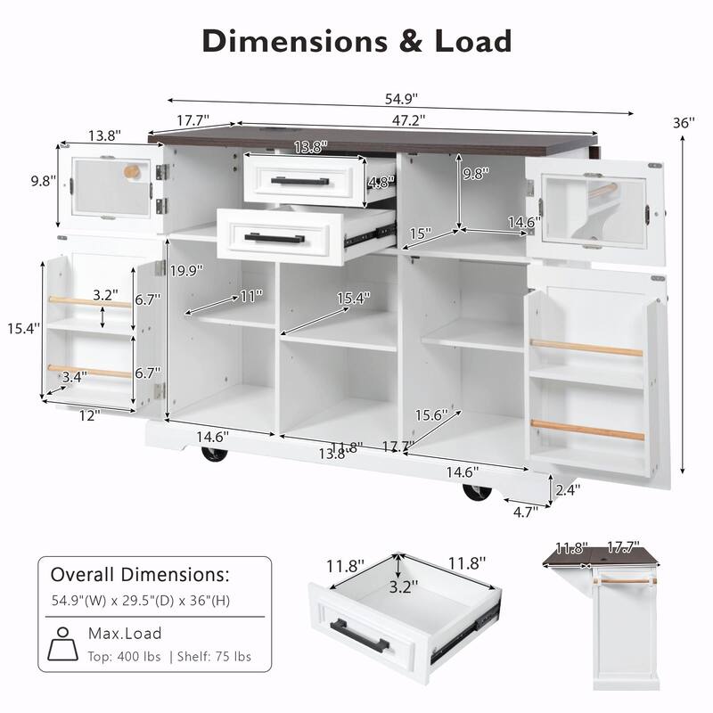 54.9" Kitchen Island with Drop Leaf, Power Outlet, Kitchen Storage Cart