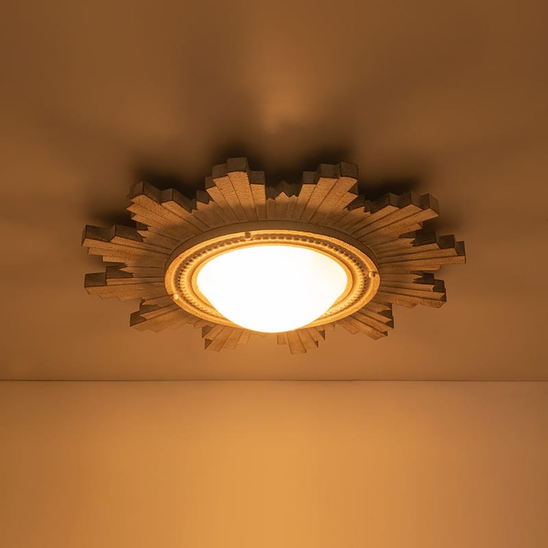 Antique Art Deco Wood Style Sunburst Flush Mount Light Wall Decor