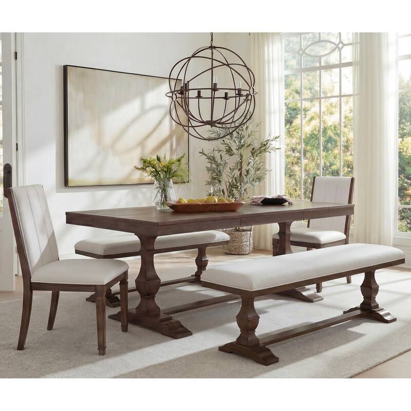 5-pieces Farmhouse Dining Table for 6, 74.8" Kitchen Table Set with 2 Benches and 2 Chairs, Solid Wood Legs and Cushion Seat