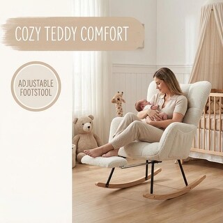Modern Teddy Fabric Rocking Chair with Adjustable Footrest Solid Wood ...