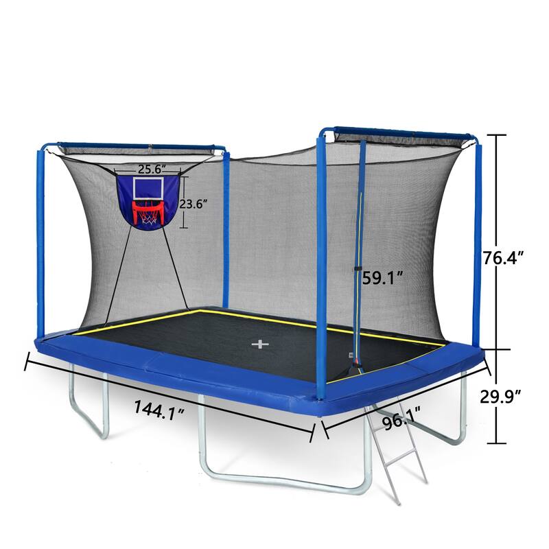8ft by 12ft rectangular trampoline with basketball board,ball inflater and ladder-Blue ASTM standard tested and CPC certified