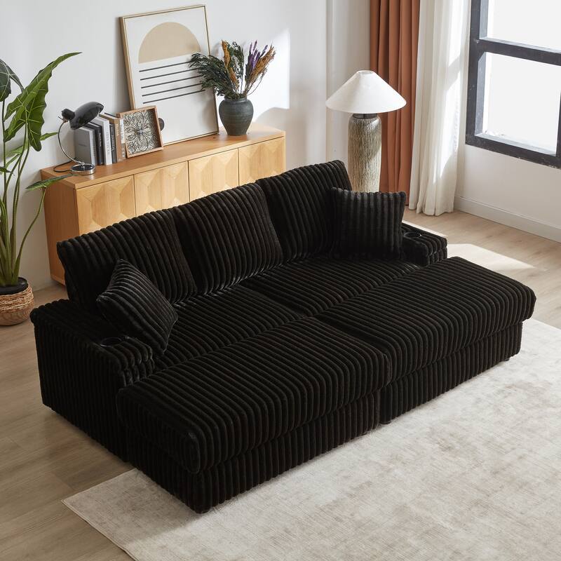 Roomfitters 84" Corduroy 3-Seater Sofa, Deep Seat Couch with 2 Ottomans, Storage, Cup Holders, 3 Back and 2 Toss Pillows