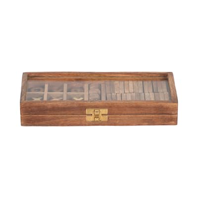 Sagebrook Home 9x4 Mango Wood, Glass & Brass Table Game Box, Elegant Brown Entertainment Piece for Family Gatherings