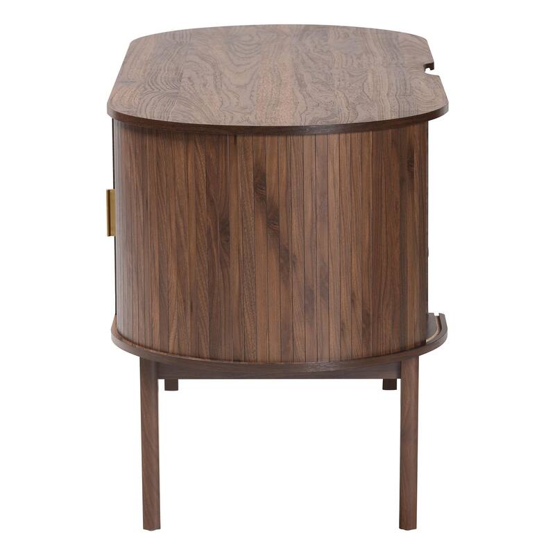 Hayes Wood Writing Desk - Mid-Century Modern Oval Desk with Locking Drawer and Sliding Tambour Doors for Office or Home