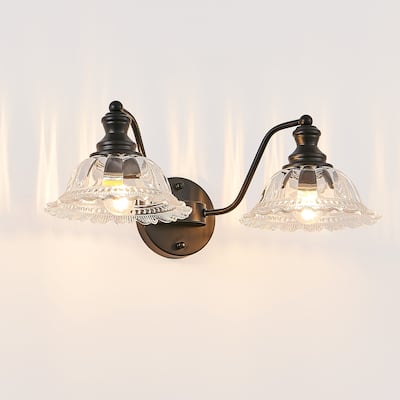 20 Inch 2-Light Vintage Bathroom Wall Sconce - Elegant Black, Metal and Glass Lampshade Vanity Light Fixture