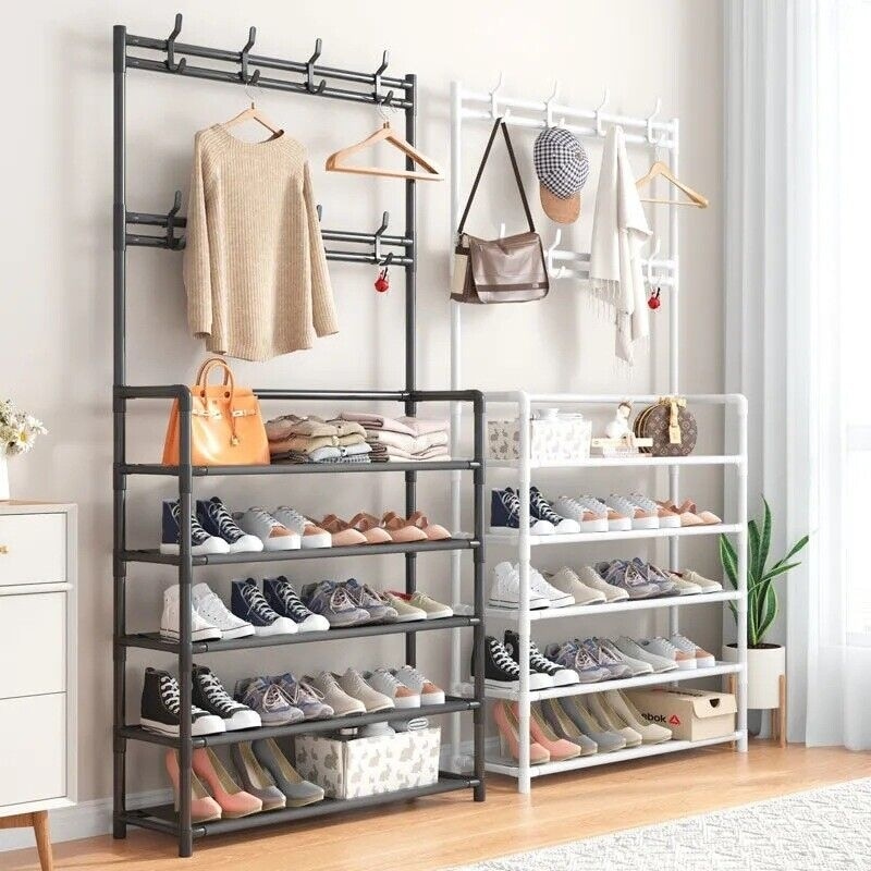 5 Tier Shelves Shoe and Coat Rack for Entryway Organizer Metal Rack All Black