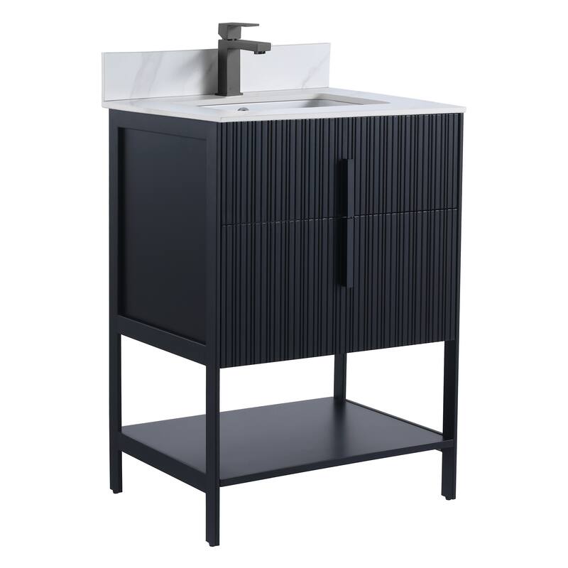 Fine Fixtures Serenity Modern Bathroom Vanity with White Carrara Stone Top - Black Matte - Black Hardware - 24 inch