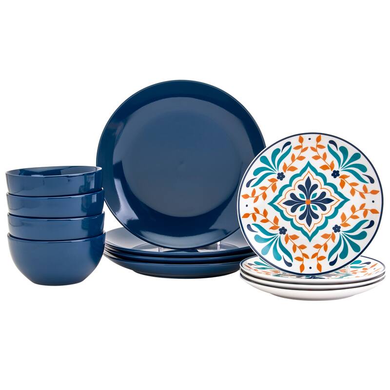 Tabletops Gallery Isabella 12 Piece Blue Porcelain Round Dinnerware Set- Service for 4