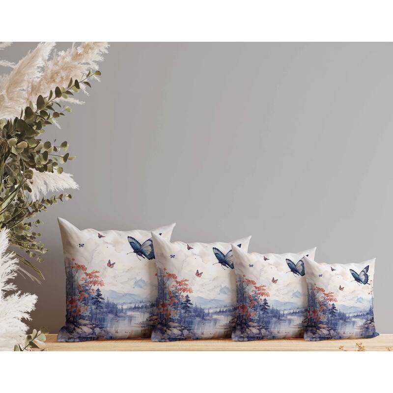 Fluttering Floral Heights Faux Suede Reversible Throw Pillow Blue and Red