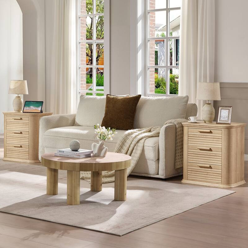 22" Wide Fluted Nightstand with Charging Station, Modern End Table, Wood 3 Drawer Dresser, Large Bedside Tables