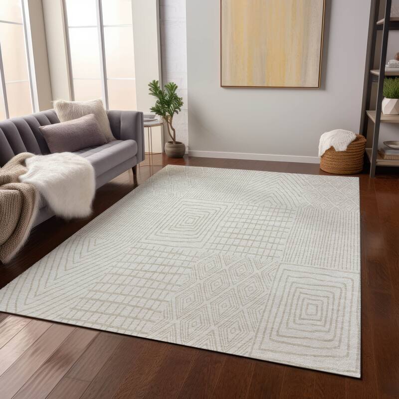 Machine Washable Indoor/ Outdoor Geo Patchwork Chantille Rug - Ivory - 9' x 12'
